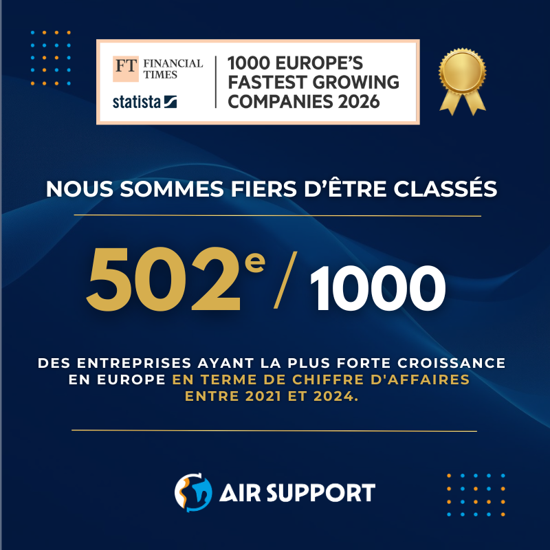 Official Air Support logo celebrating its entry into the 502nd place in the Financial Times and Statista FT1000 2026 ranking of the fastest-growing European companies in terms of revenue between 2021 and 2024. Air Support logo on a navy blue background.