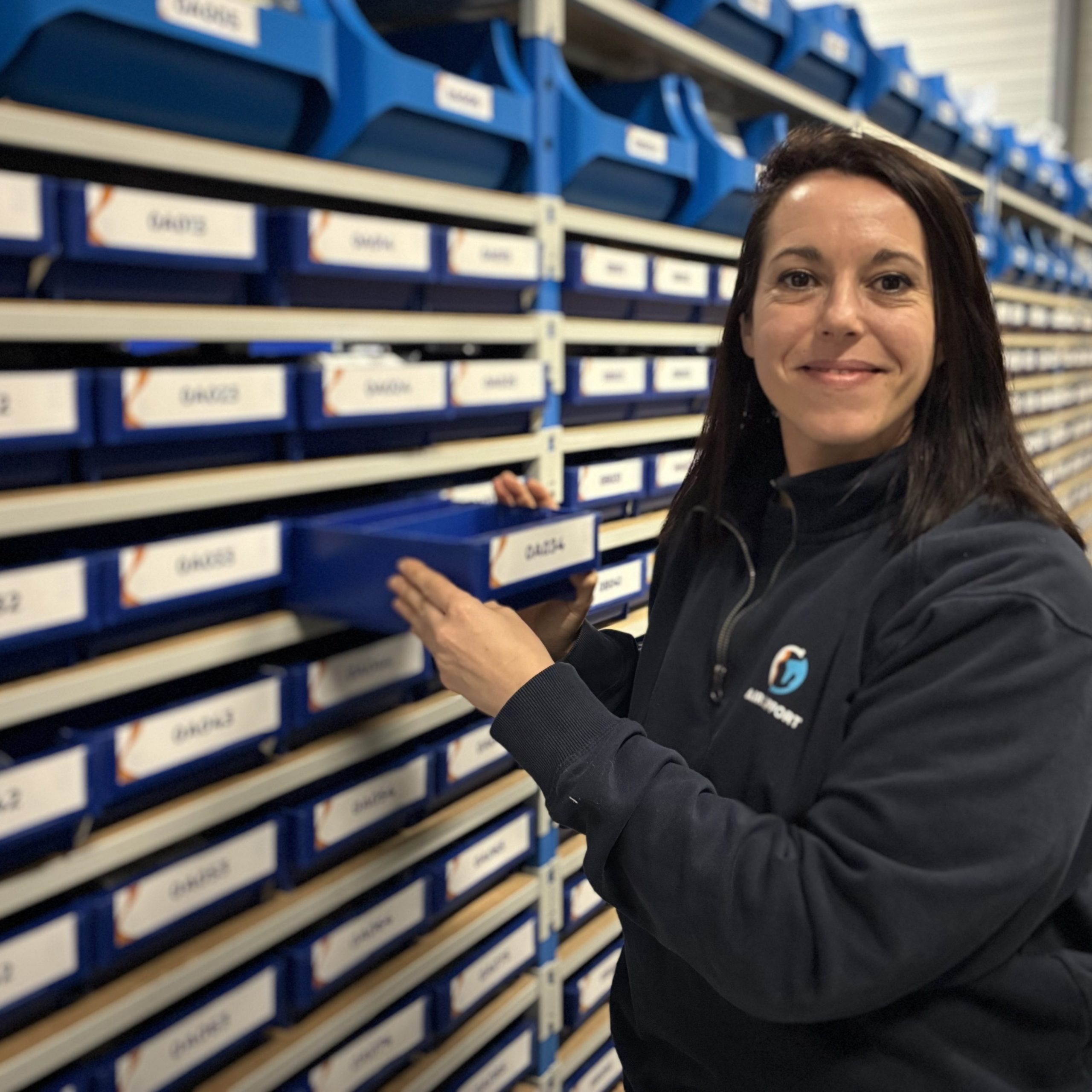 A smiling woman, wearing a navy blue sweatshirt with a company logo, handles a blue storage bin in a large industrial shelving unit. The shelves in the background are filled with numerous blue bins, lined up and labeled with alphanumeric codes, suggesting an inventory management or aerospace logistics environment.
