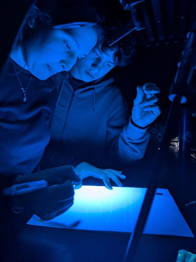 Students participating in a technical workshop under blue light during the 11th Class in Business at Air Support